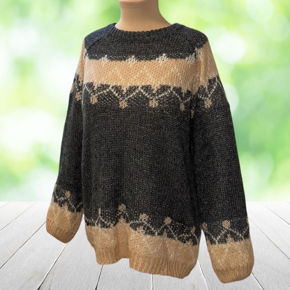 Fair Isle 100% Mohair Sweater Soft Fuzzy Colorblock Raglan Gray Tan Size L